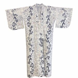 Vintage Japanese 100% Cotton Yukata Floral Print Black and Grey on White